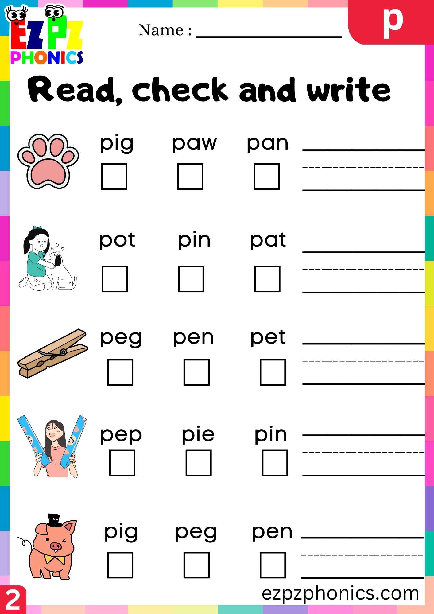 Group2 Letter P Read, Check And Write Beginning Sounds Worksheet